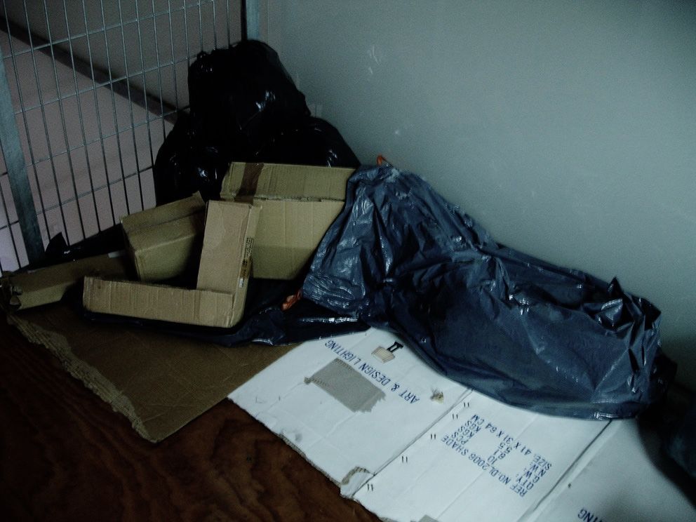 Pile of flattened cardboard boxes and black plastic bags stacked against a wall behind a metal grille, indoor storage area.