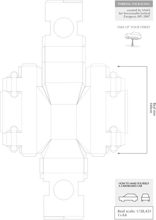Flat cardboard cutout template diagram for building a full-size car sculpture, with fold lines and assembly instructions.