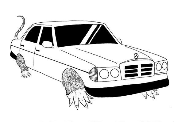Black and white line drawing by Sin Boy of a sedan car with a rat's tail, claws, and matted fur emerging from its body.