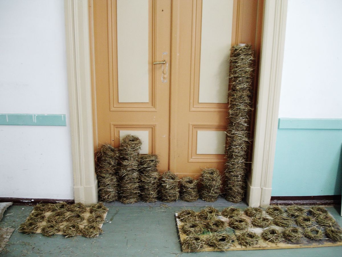 Rows of small woven straw nests laid out on the floor and stacked in tall columns against a set of double doors in a corridor.
