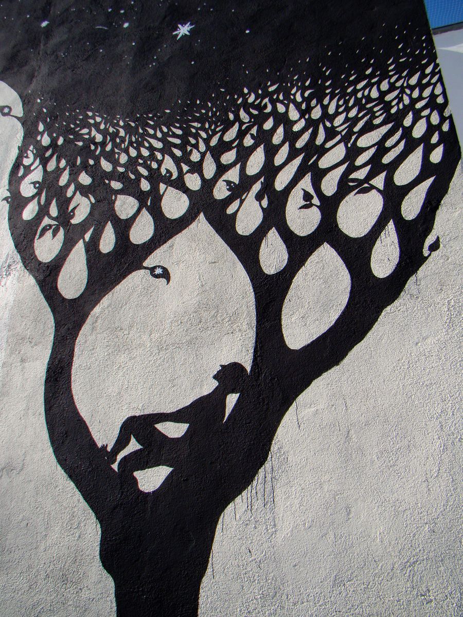 Close-up of a black tree silhouette against a starry night sky, a small figure reclining inside a round hollow in the trunk, teardrop-shaped leaves clustered at the top.