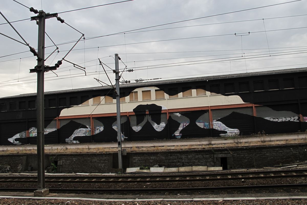 Long dark train shed roofline painted with a black silhouette train carriage shape blending into the real roof, railway tracks and overhead power lines in the foreground.