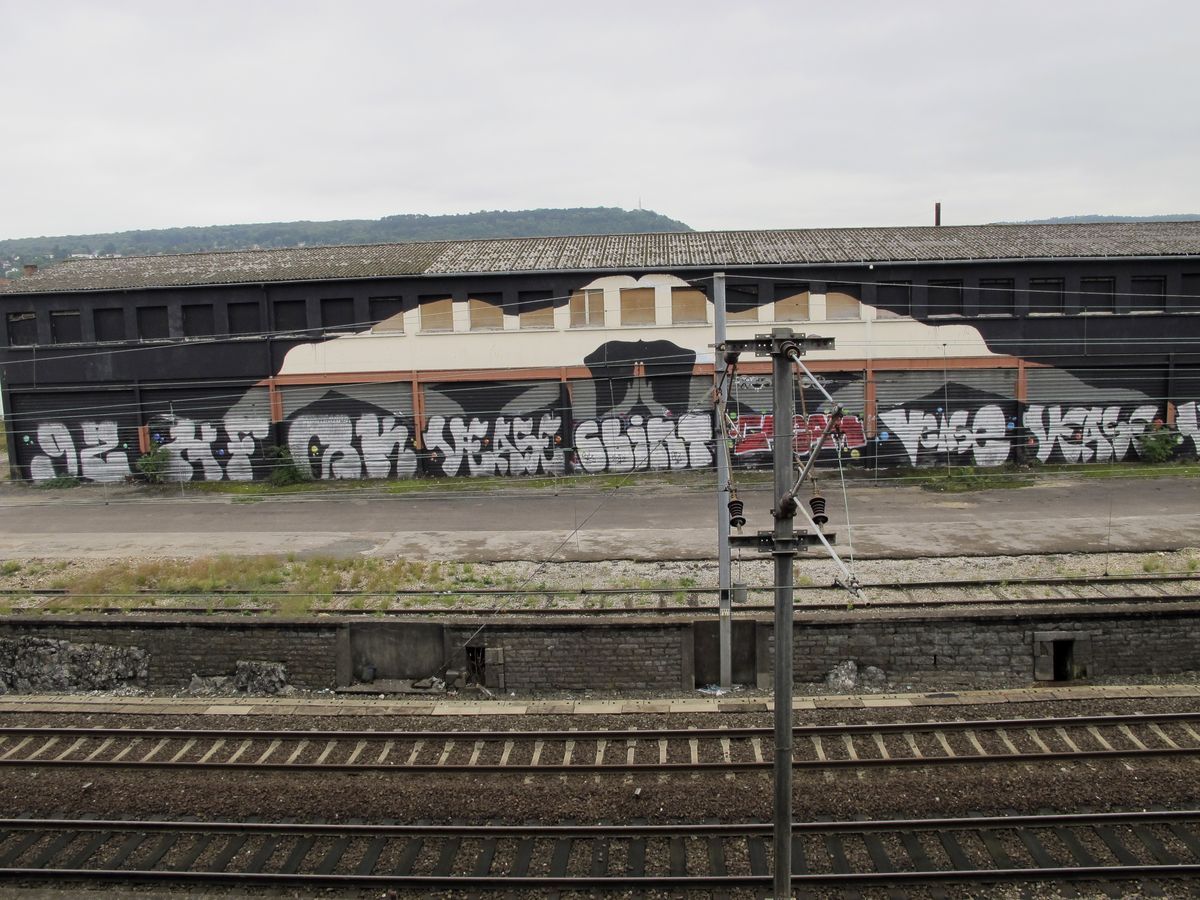 Wide view of the same train shed mural, black paint spreading across the corrugated roof and shutters, graffiti tags along the lower wall, railway tracks and hills in the distance.
