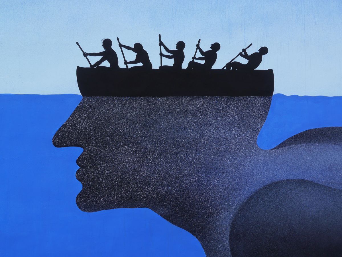 Close-up detail of the swimmer mural showing the head made from five rowers pulling oars in a boat at the water's surface, the dark profile and shoulder of the submerged body below.