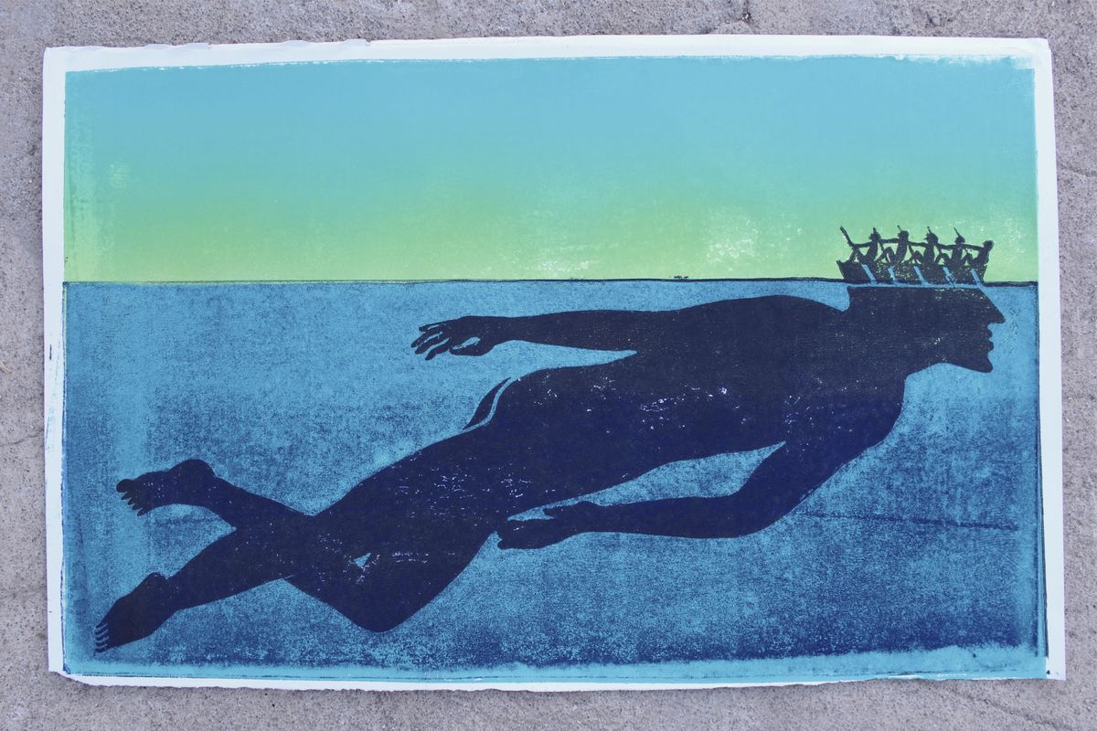 Screen print on paper of a swimmer's dark silhouette gliding underwater toward the viewer, arm outstretched, with a rowing boat of oarsmen crossing the surface above near the swimmer's head.
