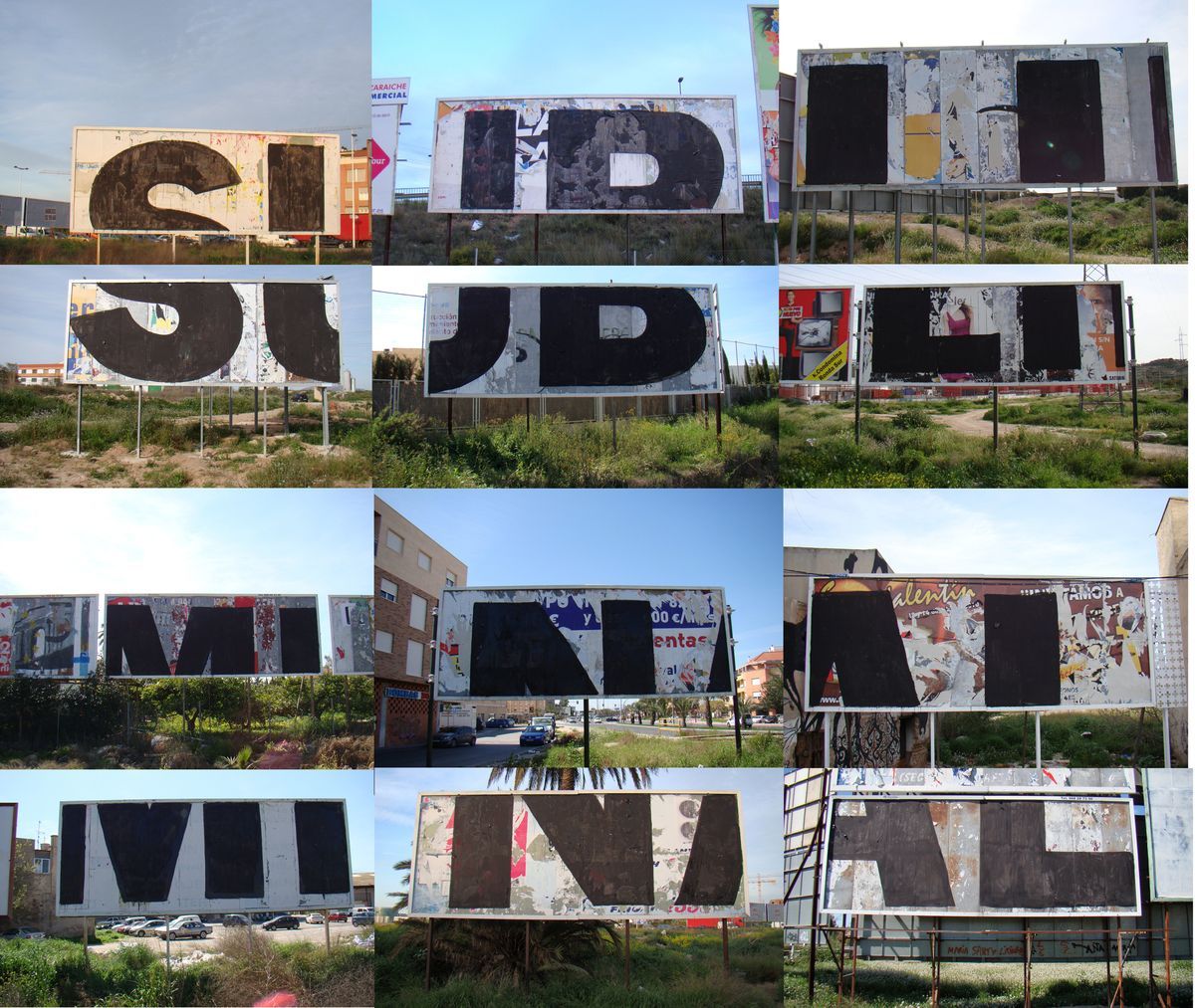 Grid of twelve roadside billboards, each painted with a large black block letter that together spell out a hidden message across the separate signs, set among fields, roads, and parked cars.