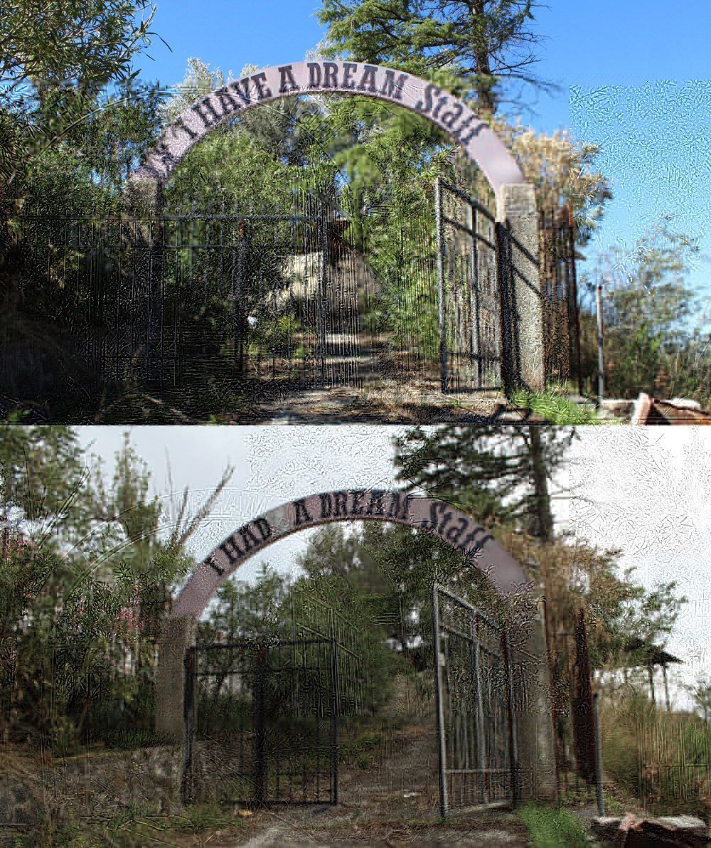 Two-photo comparison of an overgrown iron gate beneath an arch reading 'I HAVE A DREAM Stall' in the top image and 'I HAD A DREAM Stall' in the bottom image, set in a wooded, abandoned lot.