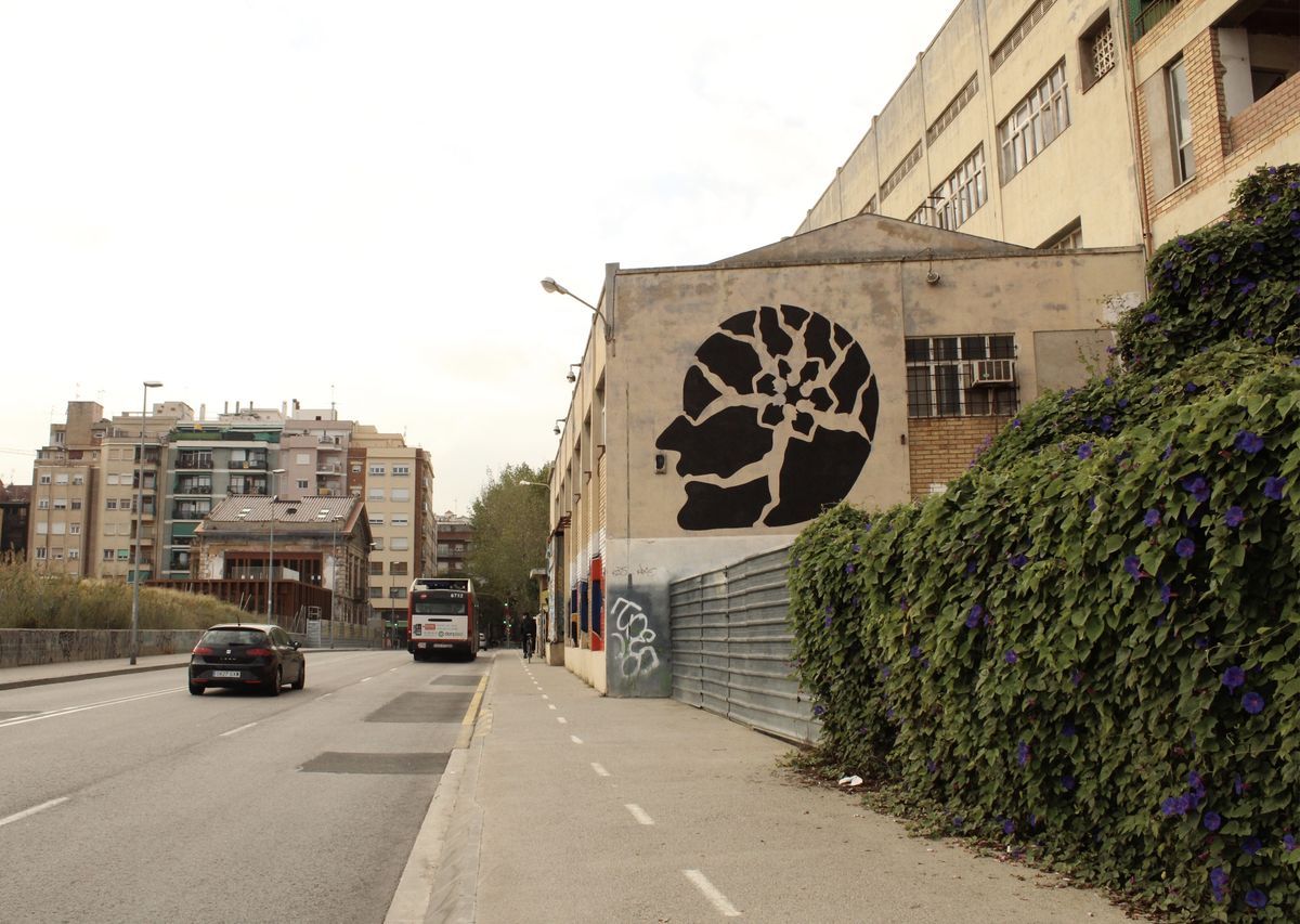 Black silhouette mural of a cracked, spiral shell-shaped head painted on a building facade, beside a brick section and a small set of steps below.
