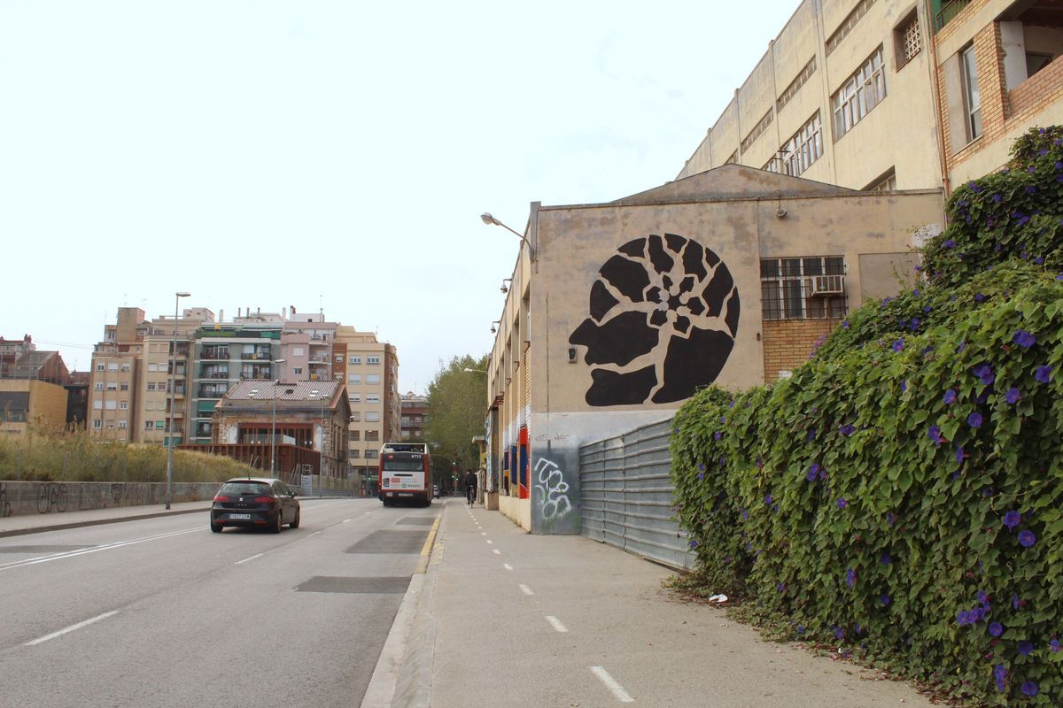 Black silhouette mural of a spiral, shell-like head made of branching cracked lines, painted on a building facade along a street with a bus, a parked car, and morning glory vines climbing a fence in the foreground.