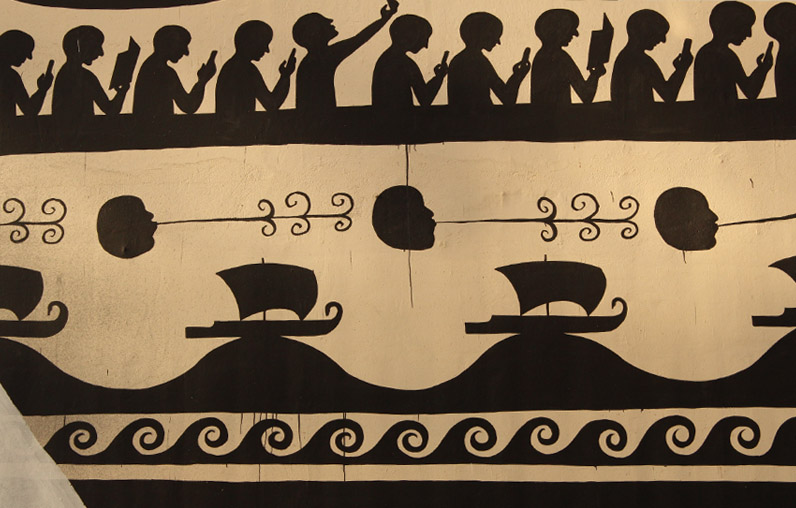 Close detail of the amphora mural's lower bands: a crowd of silhouetted figures holding up phones, a row of profile heads linked by wavy lines, a row of ships, and a scrolling wave pattern.