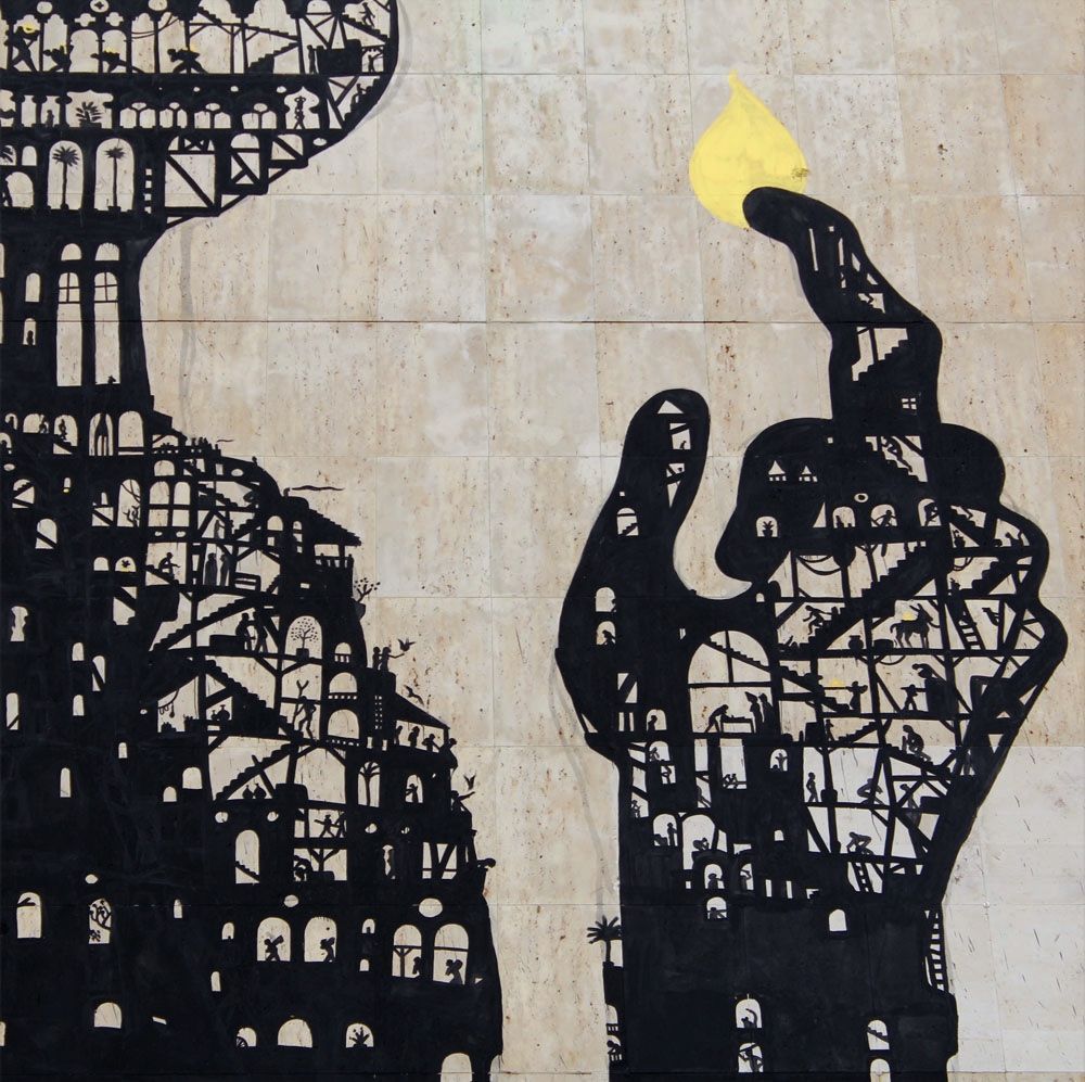 Detail of the dense black silhouette cityscape making up the side of the head, showing towers, a rose window, staircases, and small painted figures within the architecture, palm trees silhouetted among the structures.