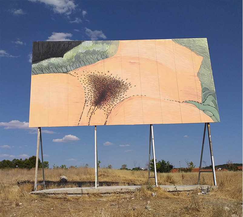 Wide view of the billboard, a homage to Gustave Courbet's L'Origine du monde, showing the full painted composition of black ants swarming toward a central mass across a skin-toned surface, framed by pale green fabric folds on both sides.