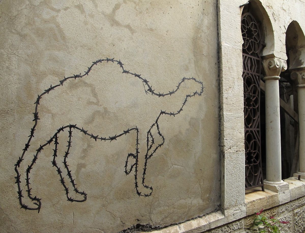 Black outline mural of a camel formed entirely from a rendering of barbed wire, painted on a plastered wall beside an ornate arched window with decorative ironwork.