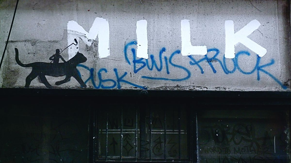 Black silhouette of a cat with a tiny figure riding on its back holding a paint roller, painted above a darkened shopfront, the word MILK spray-painted beside it.