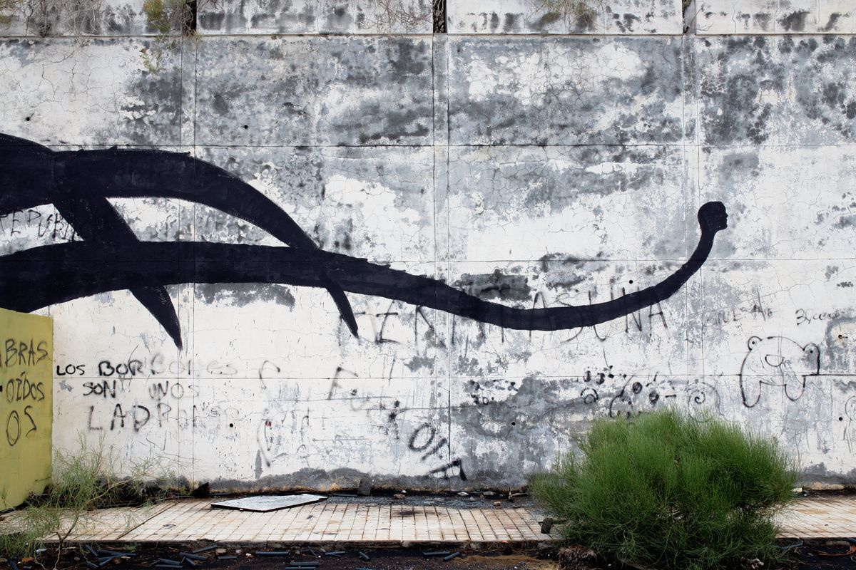 Detail of the black silhouette lizard mural's tail section, showing a smooth curving tail ending in a small round head shape, against a weathered wall covered in scrawled graffiti text.