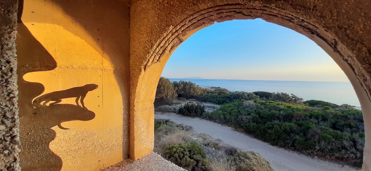 Black silhouette mural of a lizard or monitor lizard painted on the orange interior wall of a stone archway, framed by a view of the sea and coastal scrubland beyond.
