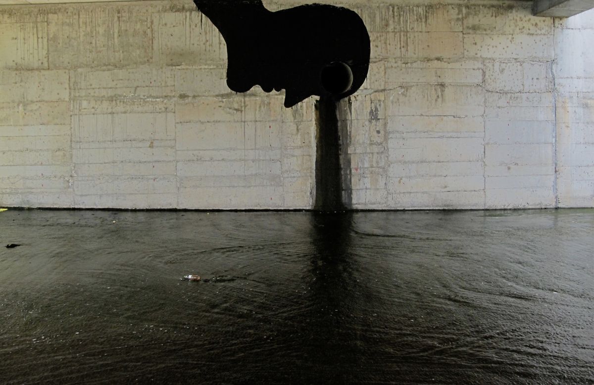 Black silhouette mural of an animal head painted above a drainage pipe under a concrete overpass, with dark water staining running down the wall from the pipe outlet into a flooded floor below.