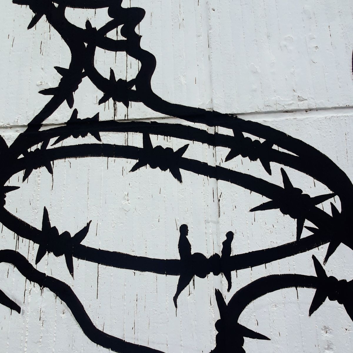 Close-up detail of the black barbed-wire linework from the mural, coiled strands and thorns painted on a textured white wall.