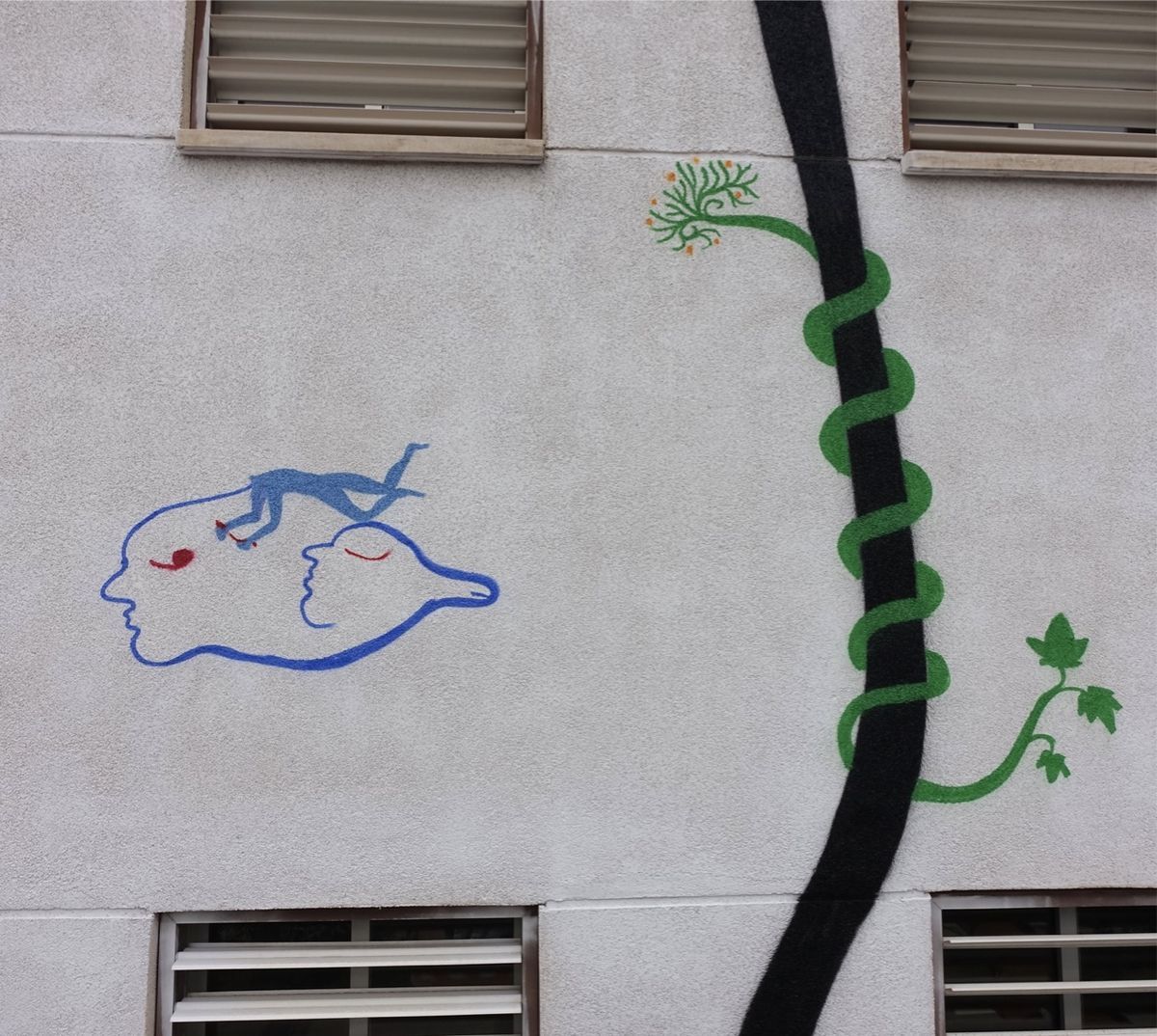 Painted detail of a blue silhouetted figure diving into a cloud-shaped merged double face, a spiraling green vine climbing a thick black line toward a small tree on the right.