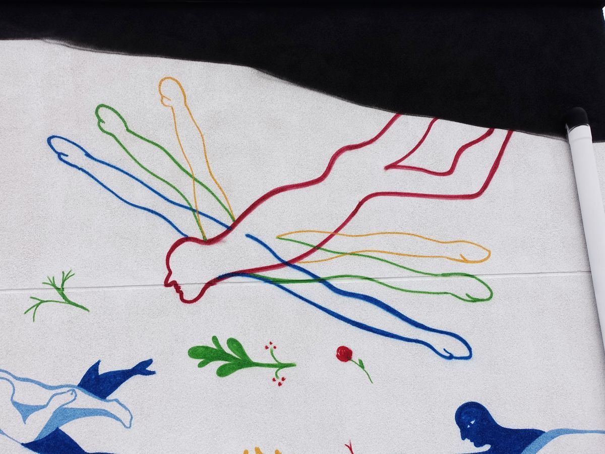 Painted detail of a red reclining figure with four pairs of multicolored outline arms and legs (blue, green, orange) radiating outward like wings, small flowers below.