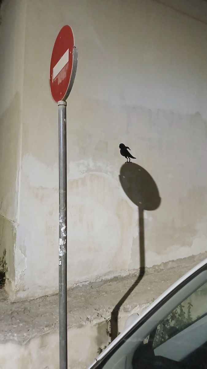 A no-entry traffic sign on a pole, with a small black bird silhouette standing on the round shadow it casts on the wall behind.