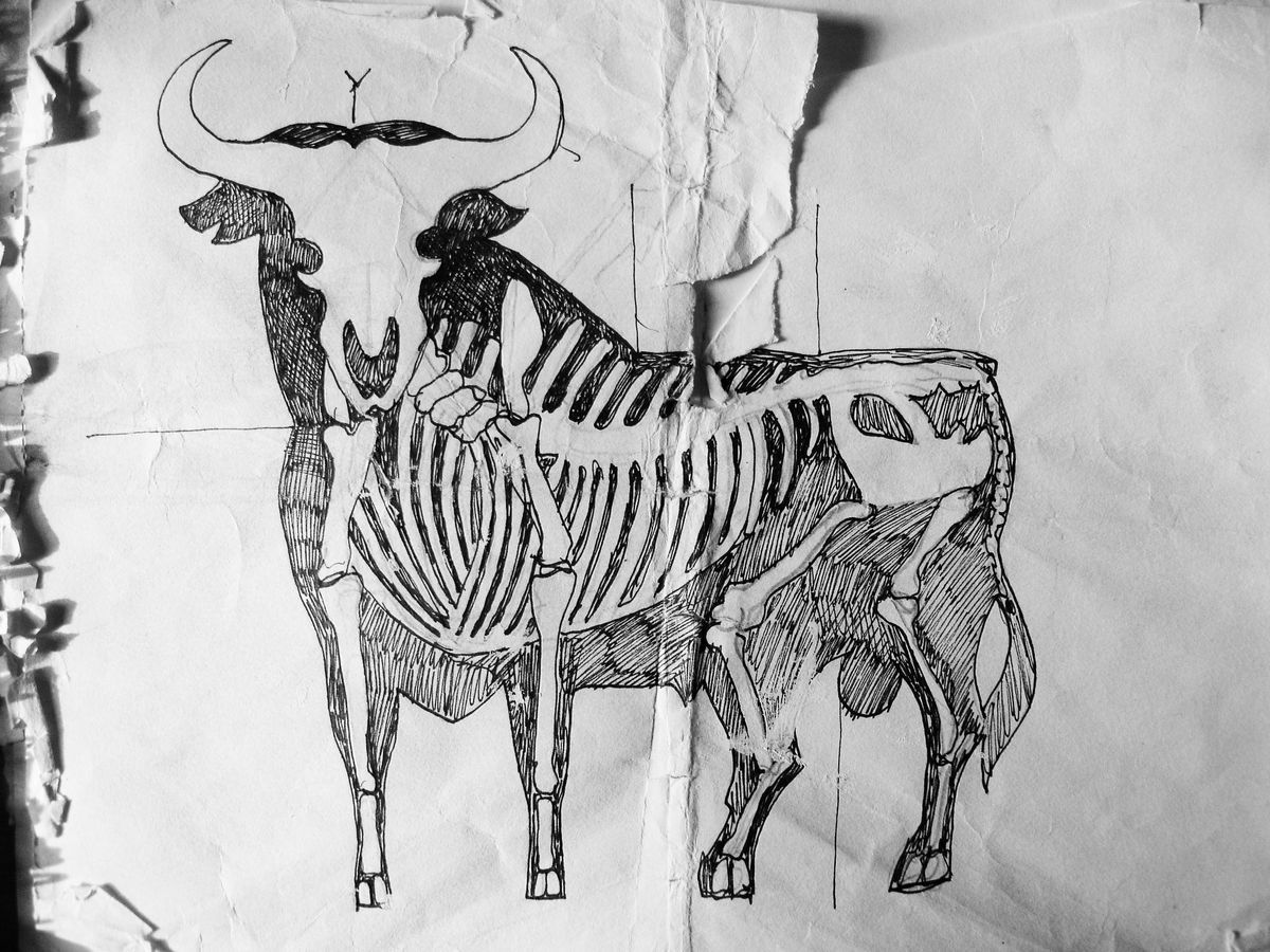 Paper sketch of the Osborne bull billboard with its skeleton design drawn over the silhouette.