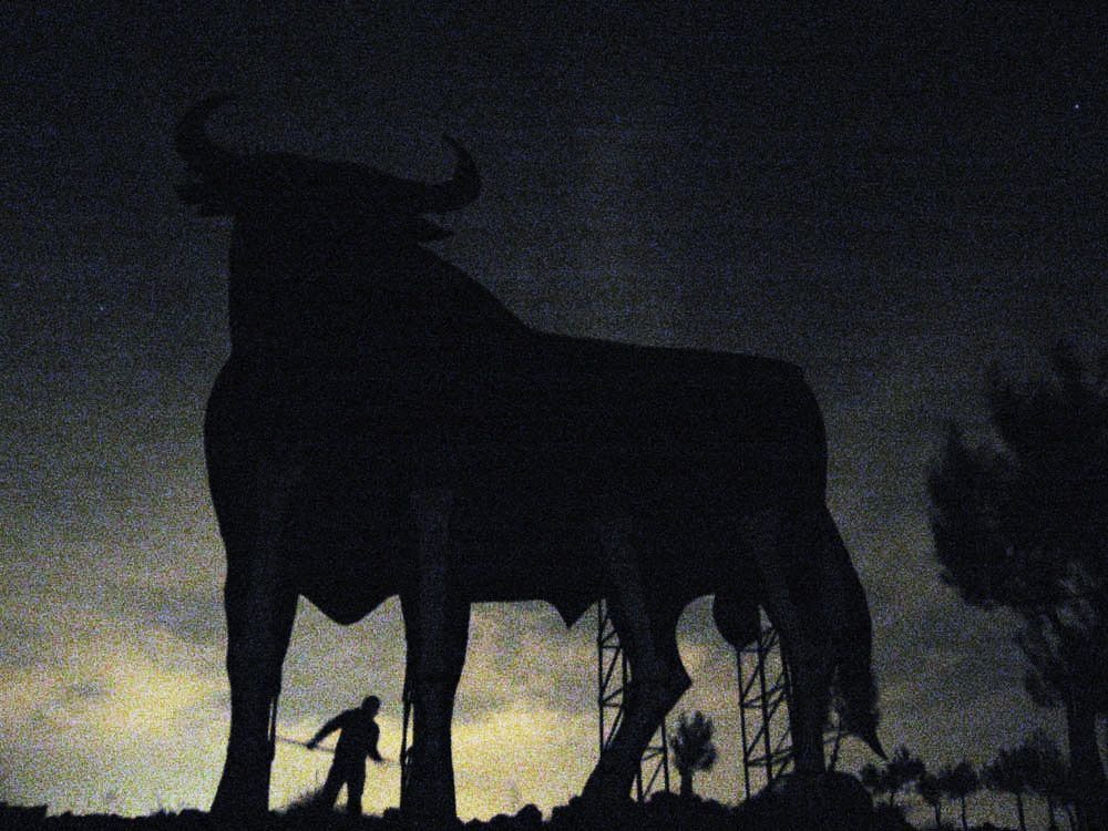 Night view of the Osborne bull billboard as a dark silhouette against a glowing dusk sky, a person walking beneath it near the metal scaffold legs.