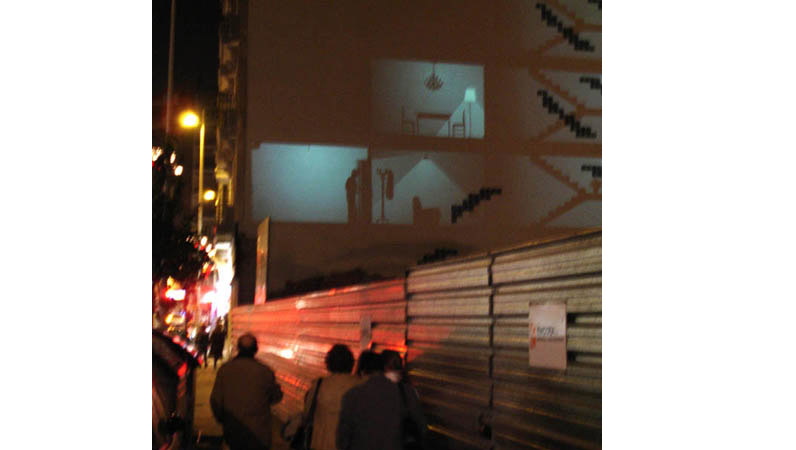 Still from Urban Radiography, the animation projected onto a real building at the Alter-Arte festival, Murcia.